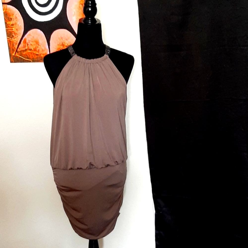 F21 taupe tie neck halter dress w/rhinestones